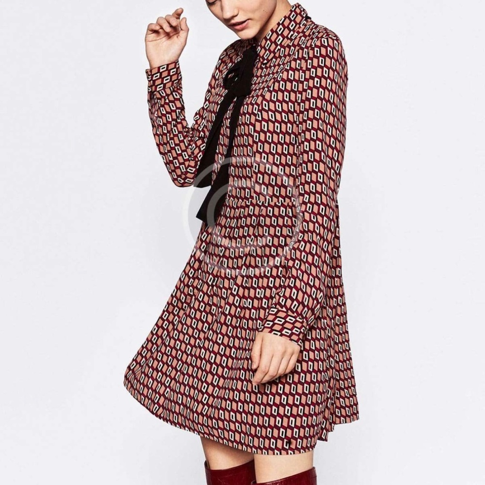 ZARA Geometric Print LongSleeves Collar Dress With Tie - Size: Medium